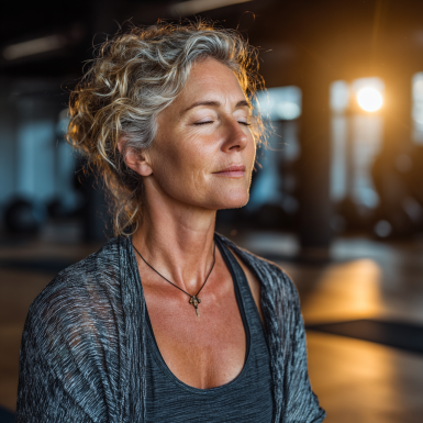 Літня жінка займається йогою на природі