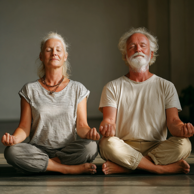 Група літніх людей займається йогою в студії